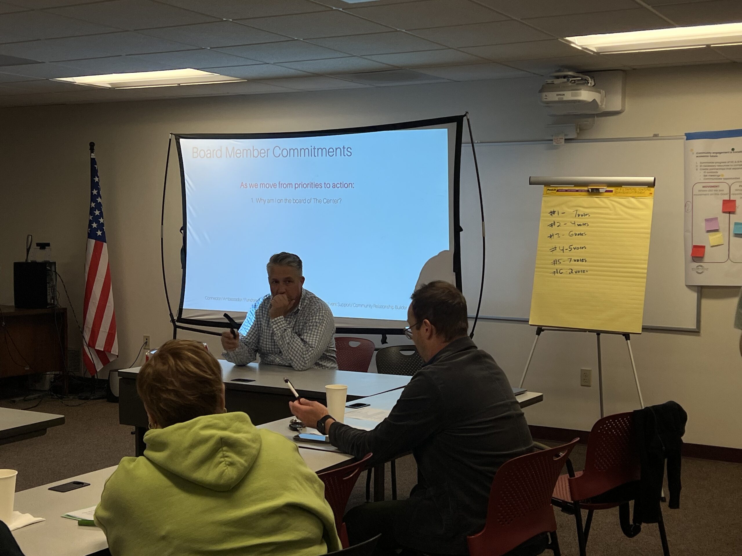 Participants discussing board commitments during a nonprofit planning retreat